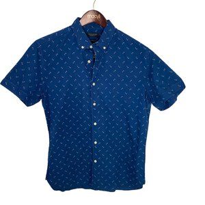 Men's Blue Fishook Pattern Banana Republic Short Sleeve Button Down Shirt Sz M
